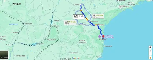 Imagem do google maps com trajeto entre Londrina e Beto Carrero