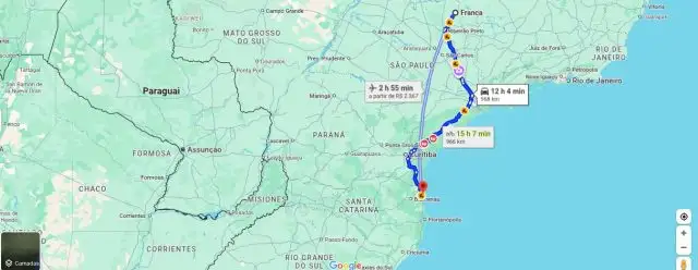 Imagem do google maps com trajeto entre Franca e Beto Carrero