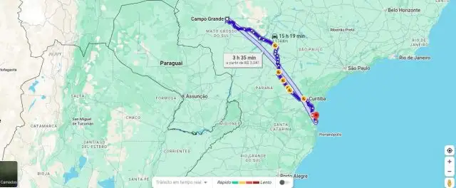 Imagem do google maps com trajeto entre Campo Grande e Beto Carrero